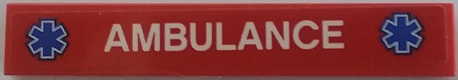 Lego Tile 1 x 6 with White 'AMBULANCE' and Two Blue EMT Star of Life Logos on Red Background Pattern (Sticker) - Set 60179 / Red