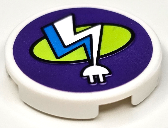 Lego Tile, Round 2 x 2 with Bottom Stud Holder with Dark Azure and White Electric Charging Point Lightning Bolt and Lime Oval on Dark Purple Background Pattern (Sticker) - Set 41350 / White