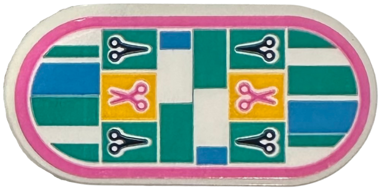 Lego Tile, Round 2 x 4 Oval with Scissors, Bright Light Orange, Dark Turquoise and Medium Azure Rectangles and Dark Pink Border Pattern (Sticker) - Set 41743