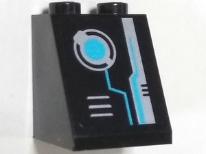 Lego Slope 65 2 x 2 x 2 with Bottom Tube with Silver and Medium Azure Circuitry and Vents Pattern (Sticker) - Set 70165 / Black