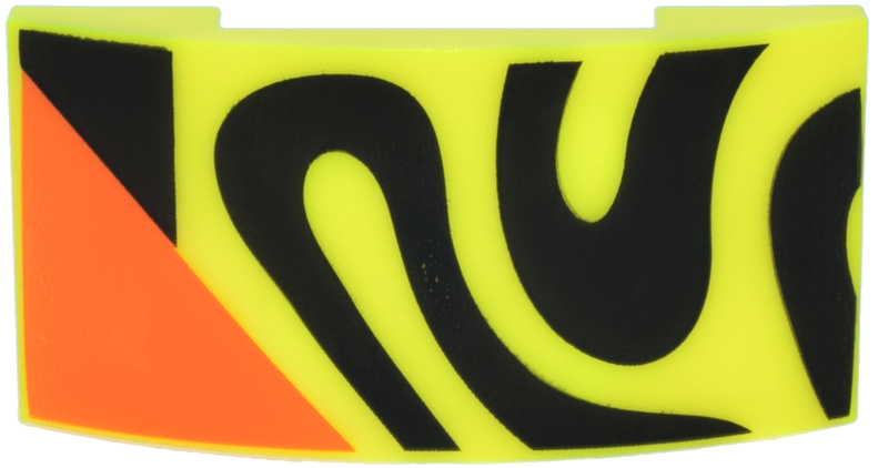 Lego Slope, Curved 4 x 2 x 2/3 Double with Black Squiggly Lines and Trapezoid and Orange Triangle Pattern