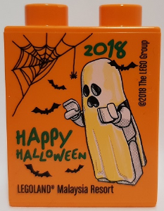 Lego Duplo, Brick 1 x 2 x 2 with 2018 Happy Halloween LEGOLAND Malaysia Resort Pattern / Orange