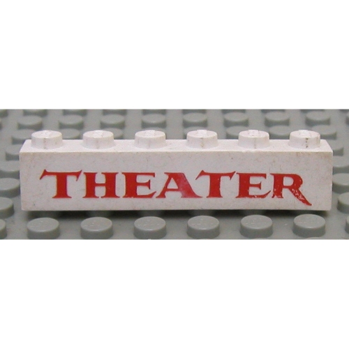 Lego Brick 1 x 6 with 'THEATER' Serif Red Print / White