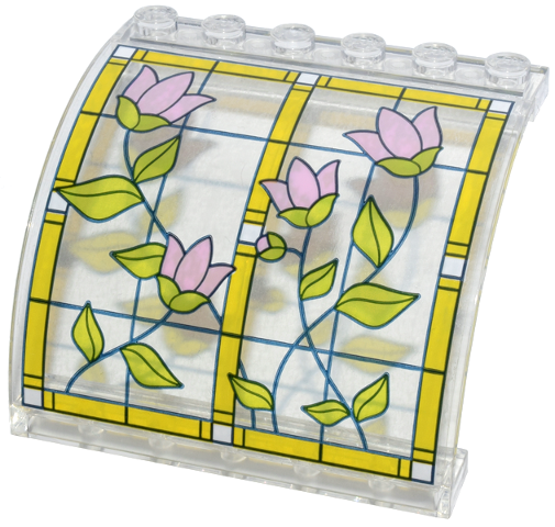 Lego Panel 6 x 5 x 3 1/3 Curved Top with Stained Glass, Bright Light Orange Frame, Bright Pink Flowers and Lime Leaves Pattern Model Right Side (Sticker) - Set 42671