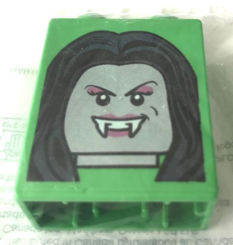 Lego Duplo, Brick 1 x 2 x 2 with LEGOLAND California Resort Brick or Treat Party Nights 2018 Female Vampire Pattern / Bright Green