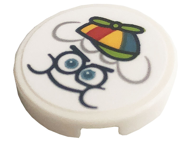 Lego Tile, Round 2 x 2 with Bottom Stud Holder with Face and Propeller Hat Pattern (Sticker) - Set 41256