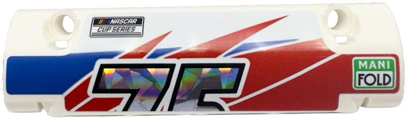 Lego Technic, Panel Curved 11 x 3 with 2 Pin Holes through Panel Surface with Partial Holographic Number 75 Top Half, 'NASCAR CUP SERIES' and 'MANI FOLD' on Blue and Red Stripes Pattern Model Left Side (Sticker) - Set 42153