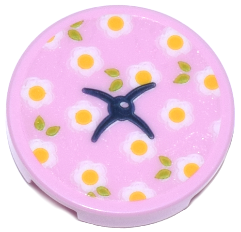 Lego Tile, Round 2 x 2 with Bottom Stud Holder with Cushion with Dark Blue Button, White and Bright Light Orange Flowers and Lime Leaves Pattern (Sticker) - Set 42671