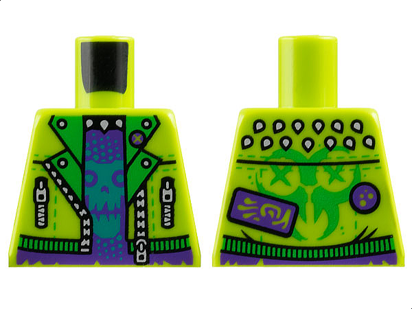 Lego Torso Jacket Open with Silver Zippers, Dark Purple Shirt with Dark Turquoise Skull, Ninjago Logogram 'TOX' on Back Pattern / Lime