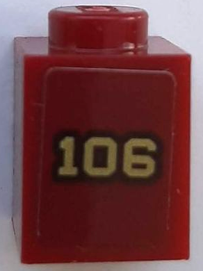 Lego Brick 1 x 1 with Gold '106' with Black Outline on Dark Red Background Pattern (Sticker) - Set 71044 / Dark Red