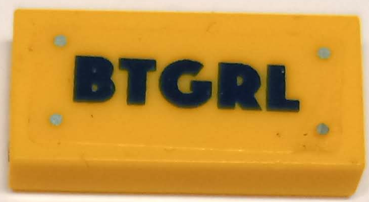 Lego Tile 1 x 2 with Dark Blue 'BTGRL' and Silver Rivets Pattern (Sticker) - Set 41237 / Yellow