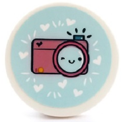 Lego Tile, Round 3 x 3 with Dark Pink Camera with Face and Hearts on Light Aqua Background Pattern (Sticker) - Set 41450