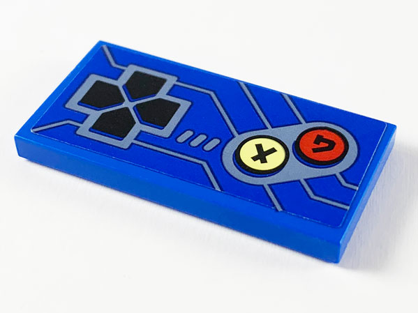 Lego Tile 2 x 4 with Arcade Game Controls, Black Directional Pad, Yellow and Red Buttons, and Dark Bluish Gray Lines Pattern (Sticker) - Set 71715