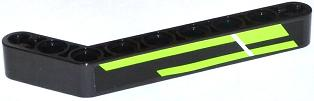 Lego Technic, Liftarm, Modified Bent Thick 1 x 9 (7 - 3) with Lime Stripes Pattern (Sticker) / Black