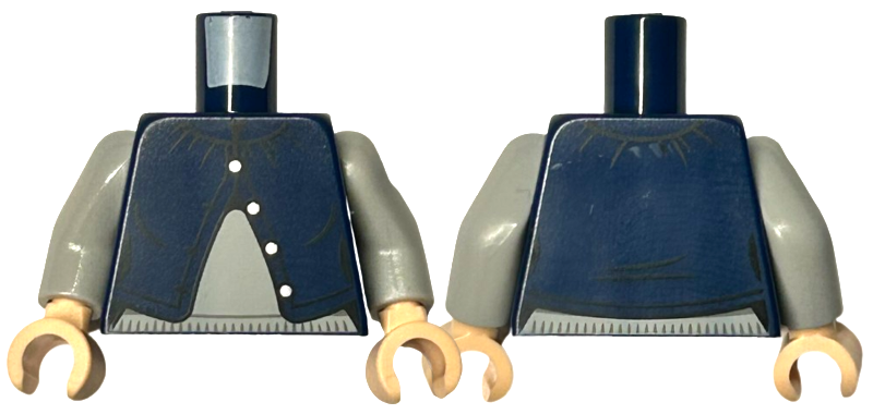Lego Torso Female Cardigan Half Open with Silver Buttons over Light Bluish Gray Sweater Pattern / Light Bluish Gray Arms / Light Nougat Hands