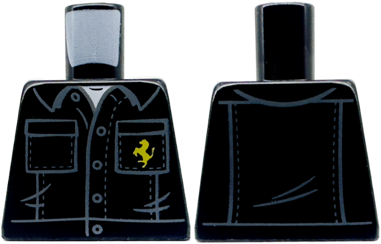 Lego Torso Shirt with Dark Bluish Gray Buttons and Pockets Outline, White Undershirt, and Yellow Horse (Ferrari Logo) Pattern / Black