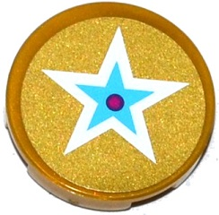 Lego Tile, Round 2 x 2 with Bottom Stud Holder with White and Medium Blue Star with Magenta Center on Gold Background Pattern (Sticker) - Set 41104