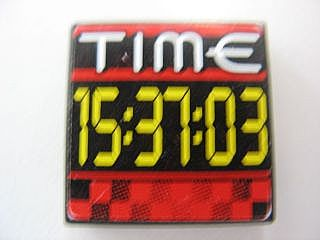 Lego Tile 2 x 2 with White 'TIME' and Yellow '15:37:03' Pattern (Sticker) - Set 8279 / Black