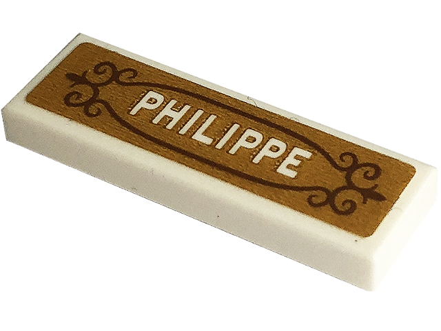 Lego Tile 1 x 3 with White 'PHILIPPE' on Gold Background Pattern (Sticker) - Set 43195 / White