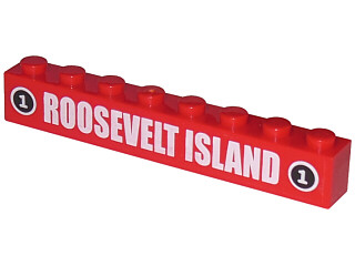 Lego Brick 1 x 8 with White 'ROOSEVELT ISLAND' and '1' in Black Circle Pattern (Sticker) - Set 4852