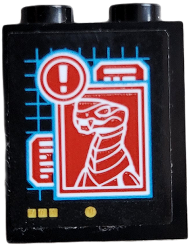 Lego Panel 1 x 2 x 2 with Side Supports - Hollow Studs with Display Screen with Buttons, Grid, Text Boxes, Exclamation Mark and Boa Destructor Minifigure Pattern (Sticker) - Set 71767 / Black