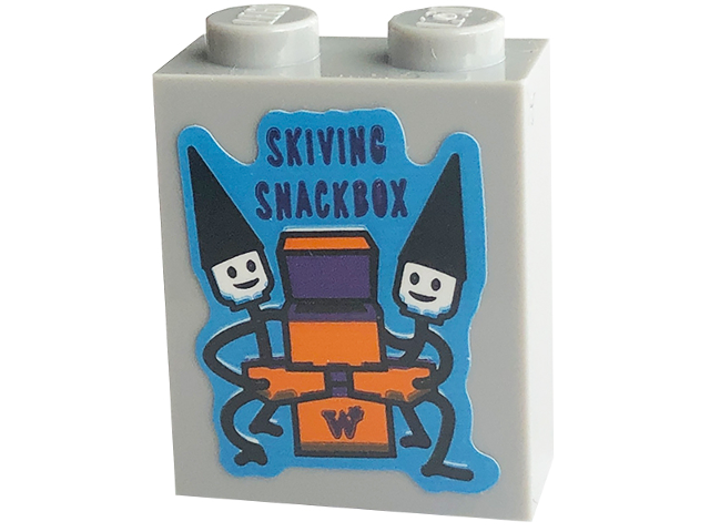 Lego Brick 1 x 2 x 2 with Inside Stud Holder with 'SKIVING SNACKBOX' and 2 Black Figures with Black Hats Pattern (Sticker) - Set 76422