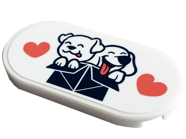 Lego Tile, Round 2 x 4 Oval with White Dogs in Dark Blue Box with Coral Hearts Pattern (Sticker) - Set 41741