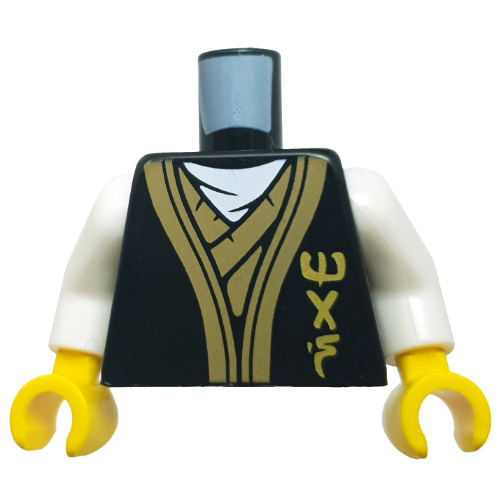 Lego Torso, Ninja Robe, Gold Trim, Asian Symbols, Dragon on Back Print, White Arms, Yellow Hands / Black