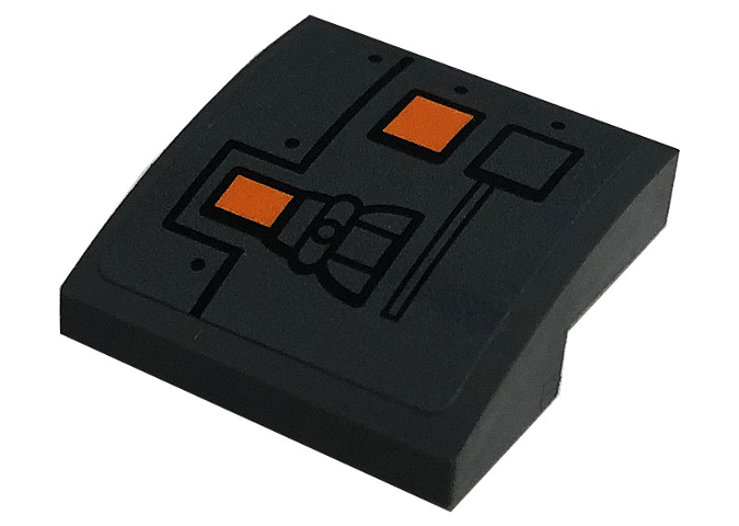 Lego Slope, Curved 2 x 2 x 2/3 with Orange Rectangles, Black Rectangle, Dots and Lines Pattern (Sticker) - Set 75306 / Dark Bluish Gray