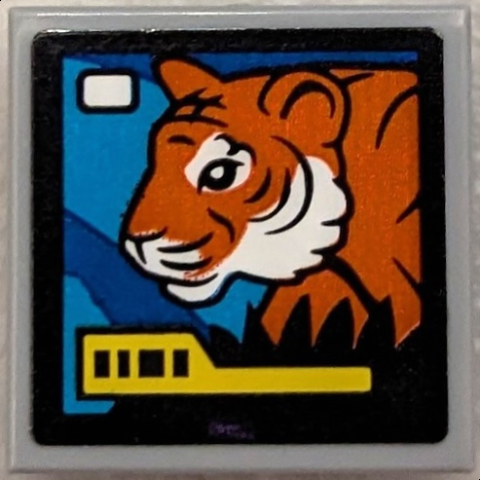 Lego Tile, Modified 2 x 2 Inverted with TV Screen with Reddish Orange Tiger on Blue and Dark Azure Background and Yellow Bar Pattern (Sticker) - Set 60440 / Light Bluish Gray