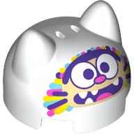 Lego Brick Round 2 x 2 Dome Top with 2 Ears with Tan Cat Face, White Eyes, Dark Pink Nose, Dark Purple Eyebrows, Mouth, Yellow/Medium Blue/Dark Pink/Dark Purple Streaks print / White