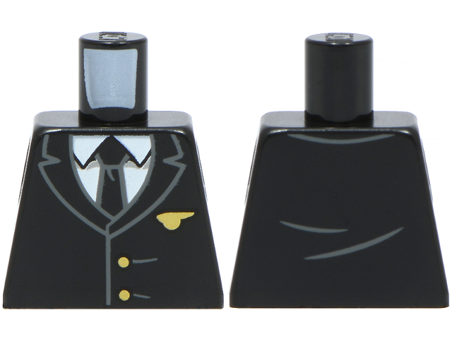 Lego Torso Suit Jacket with Gold Buttons and Pan Am Cabin Crew Wing Pin, Tie, White Shirt Pattern / Black