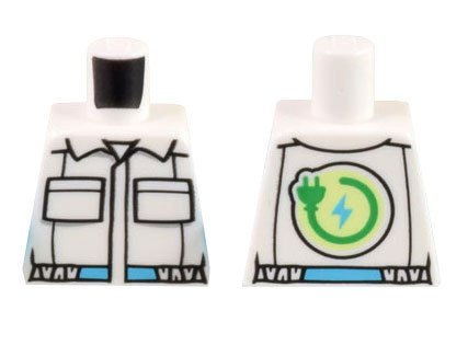 Lego Torso Jumpsuit with 2 Pockets, Collar, Black and Medium Azure Belt, Bright Green Electric Power Plug Symbol Pattern / White