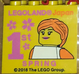 Lego Brick 2 x 4 x 3 with LEGOLAND Japan, '1st SPRING', Flowers, and Female Minifigure Pattern / Yellow