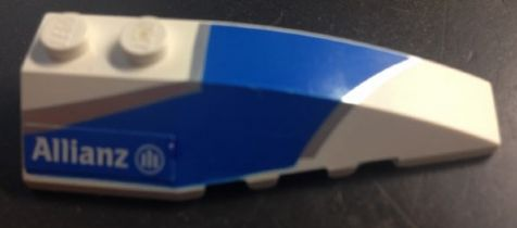Lego Wedge 6 x 2 Right with Blue and Silver Wraparound Pattern, with Allianz Logo Pattern (Sticker) - Set 8374 / White