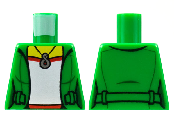 Lego Torso Female Jacket Open over Red and White Shirt without Wrinkle, Silver Infinity Pendant Necklace, Yellow Neck Pattern / Green