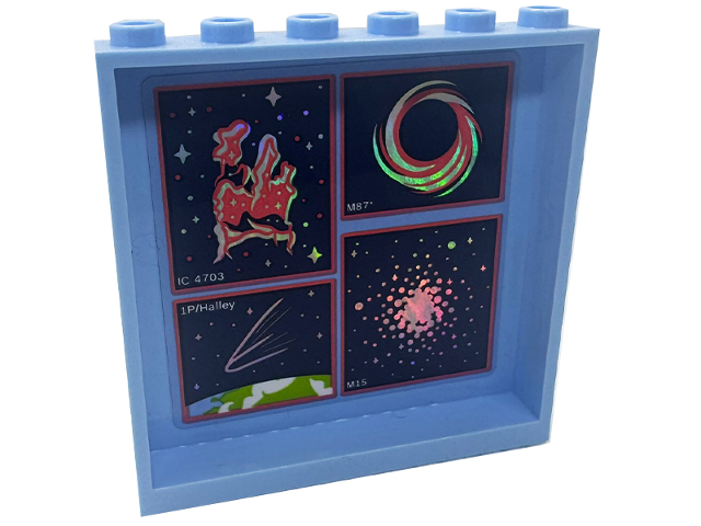 Lego Panel 1 x 6 x 5 with Iridescent Mirrored 'M87', 'M15', 'IC 4703', '1P/Halley', Stars, Comet, Earth, Black Hole and Galaxies on Dark Blue Background Pattern (Sticker) - Set 41713 / Bright Light Blue