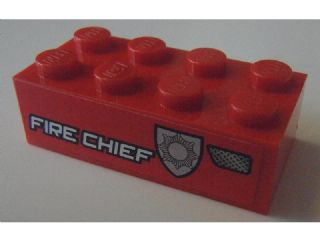 Lego Brick 2 x 4 with White 'FIRE CHIEF' and Silver Badge Pattern Model Right Side (Sticker) - Set 8154 / Red