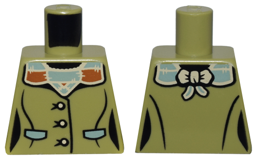 Lego Torso Female Jacket, Sand Green, Tan, and Dark Orange Buttons, Pockets, and Collar with Bow Pattern / Olive Green
