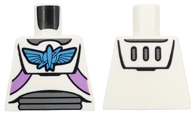 Lego Torso Spacesuit with Dark Azure Star Command Logo, Dark Bluish Gray Neck and Stomach Panels, Medium Lavender Straps Pattern / White