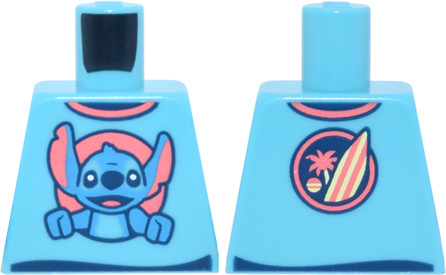 Lego Torso Shirt with Dark Blue and Coral Trim, Circle, Stitch and Surfboard and Palm Tree on Back Pattern