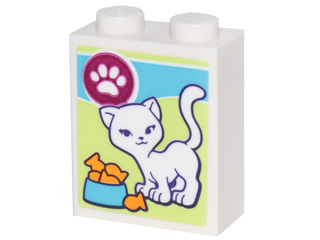 Lego Brick 1 x 2 x 2 with Inside Stud Holder with Box of Cat Treats with White Cat, White Paw Print and Bowl of Goldfish Pattern (Sticker) - Set 41305 / White