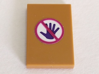 Lego Tile 2 x 3 with Dark Purple Hand and Magenta Do Not Touch Pattern (Sticker) - Set 41335 / Medium Nougat