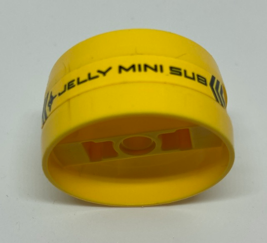 Lego Cylinder 4 x 4 x 1 2/3 with Pin Holes and Center Bar with 'JELLY MINI SUB' Pattern Model Left Side (Sticker) - Set 70610