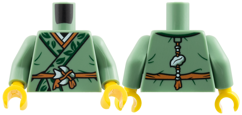 Lego Torso Tunic, Dark Green Hems with Leaves, Medium Nougat Belt and Trim Pattern / Sand Green Arms / Yellow Hands
