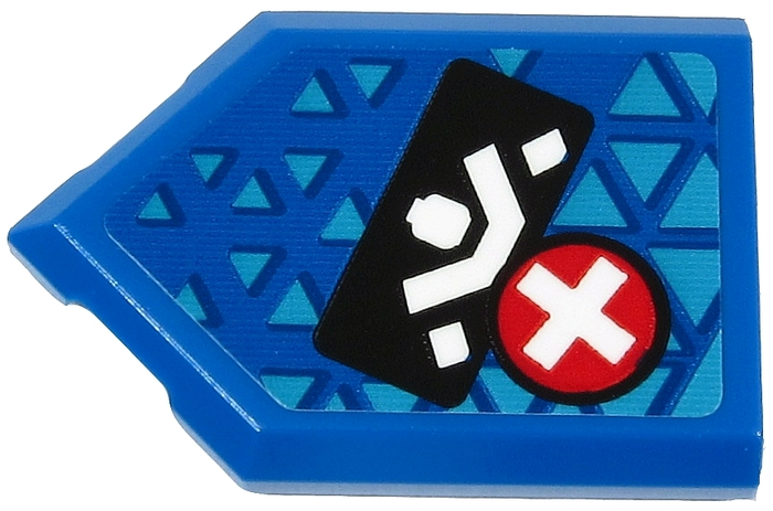 Lego Tile, Modified 2 x 3 Pentagonal with White Ninja Silhouette on Black Rectangle and White Plus Sign on Red Circle Pattern (Sticker) - Set 71711 / Blue