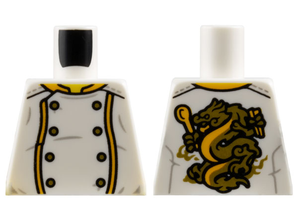 Lego Torso Chef Jacket, 8 Gold Buttons, Bright Light Orange Trim, Gold Dragon on Back Pattern / White