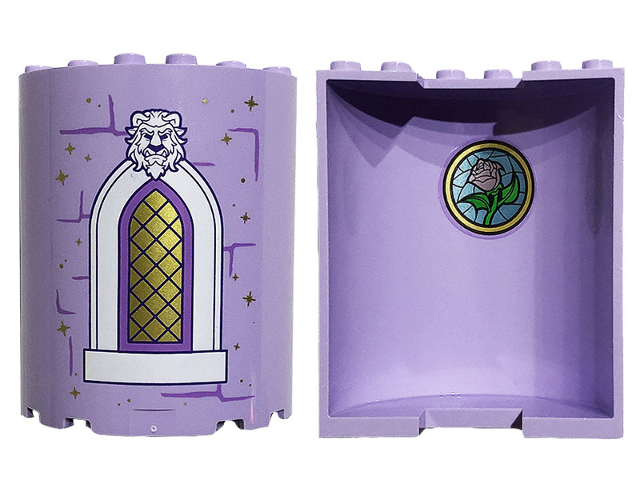 Lego Cylinder Half 3 x 6 x 6 with 1 x 2 Cutout with Bricks, Gold Stars, Lattice Window and Beast Head on Outside and Metallic Pink Rose on Metallic Light Blue Stained Glass on Inside Pattern (Stickers) - Set 43196
