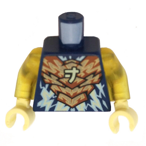 Lego Torso Armor, Gold and Orange Chestplate, Bright Light Yellow Lightning and Asian Symbol print, Trans-Yellow Arms, Bright Light Yellow Hands / Dark Blue