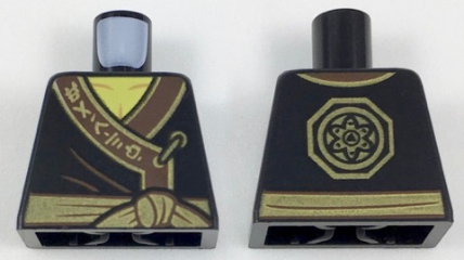 Lego Torso Robe with Dark Brown Hem, Gold Trim and Ninjago Logogram 'EARTH', Dark Brown Creases, Waist Sash with Knot, Yellow Neck, Octagon and Circle Medallion Logo on Back Pattern / Black